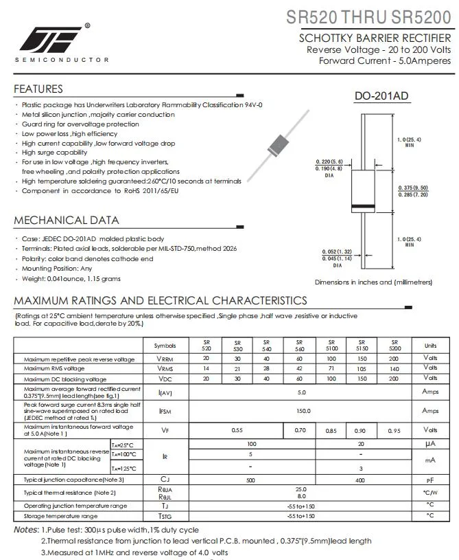 Sr5200 5A 200V Do-201ad Through Hole Package Schottky Diode